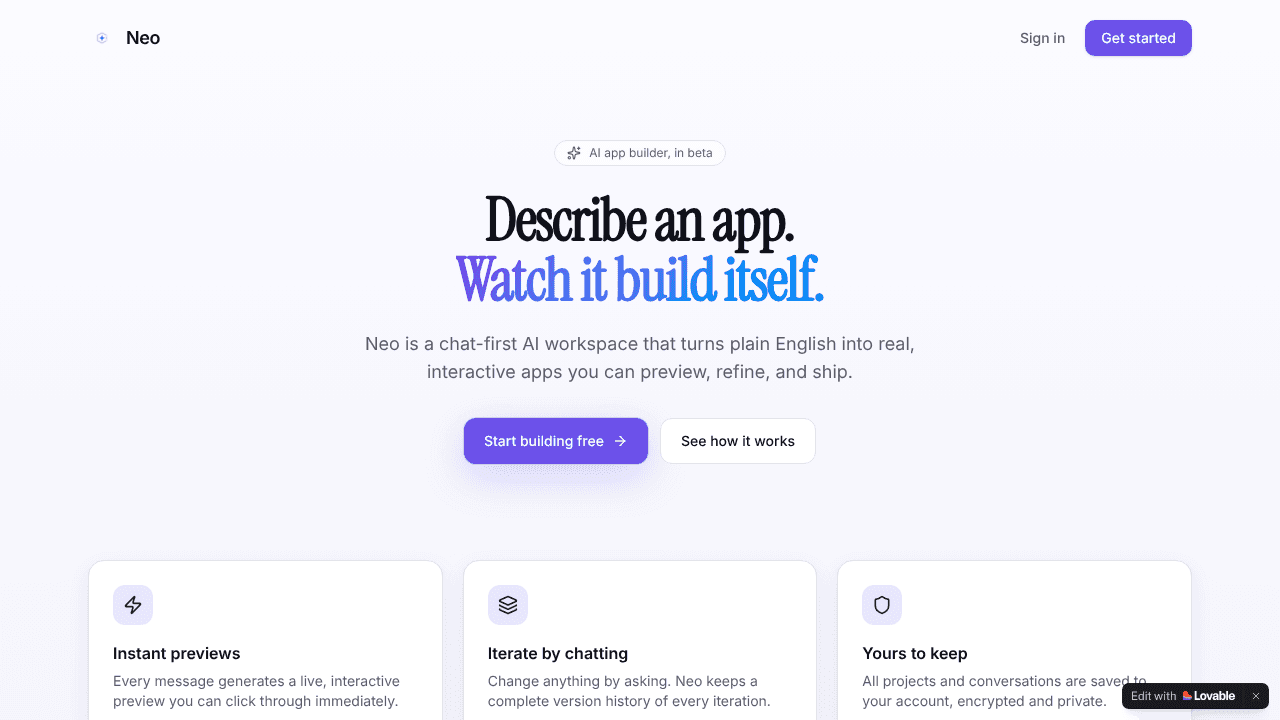 Neo — Build apps by describing them website screenshot