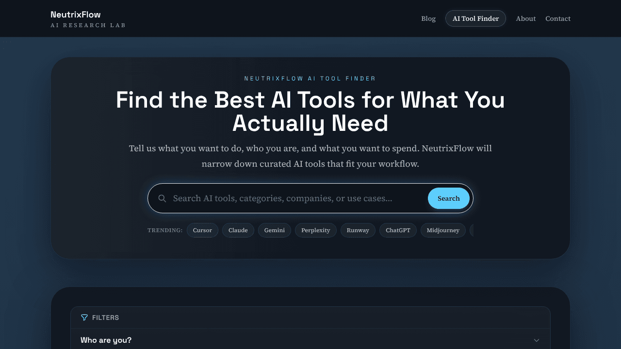 NeutrixFlow AI Tool Finder website screenshot