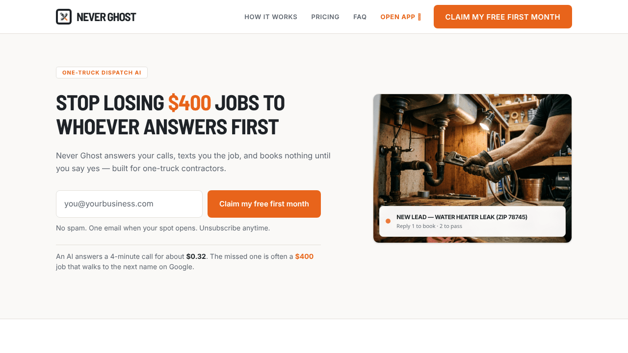 Never Ghost – AI receptionist  website screenshot