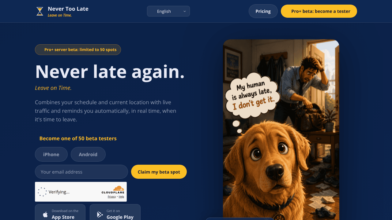 Never Too Late – Leave on Time website screenshot
