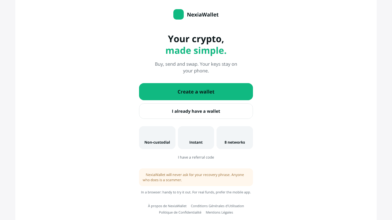 NexiaWallet website screenshot