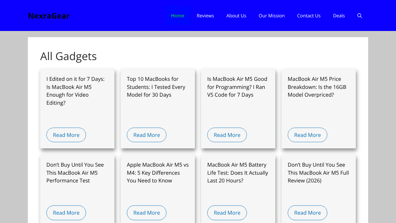 NexraGear – Gadget Intelligence Hub website screenshot