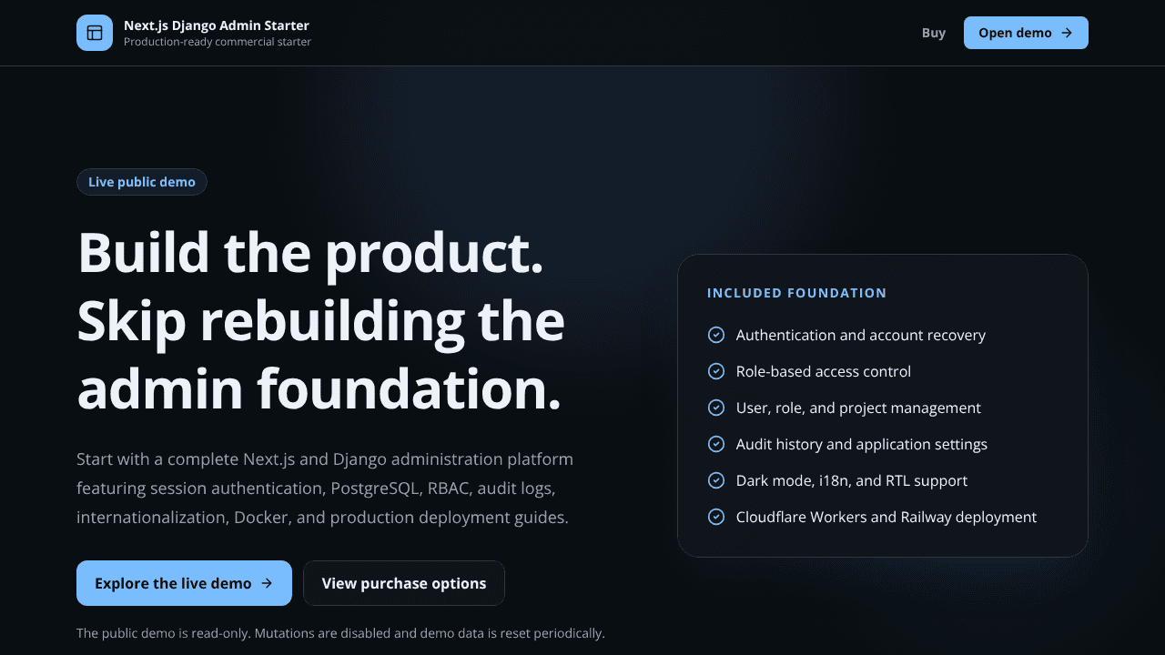 Next.js Django Admin Starter website screenshot