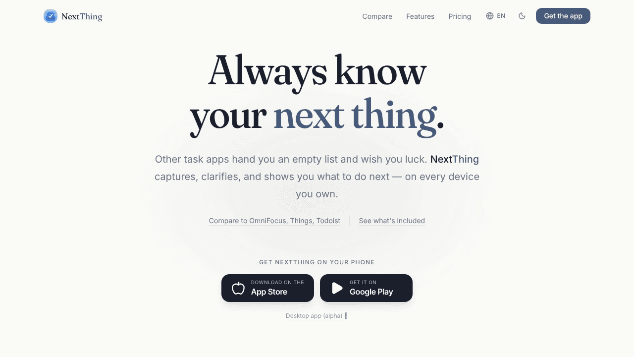 NextThing for Getting Things Done website screenshot