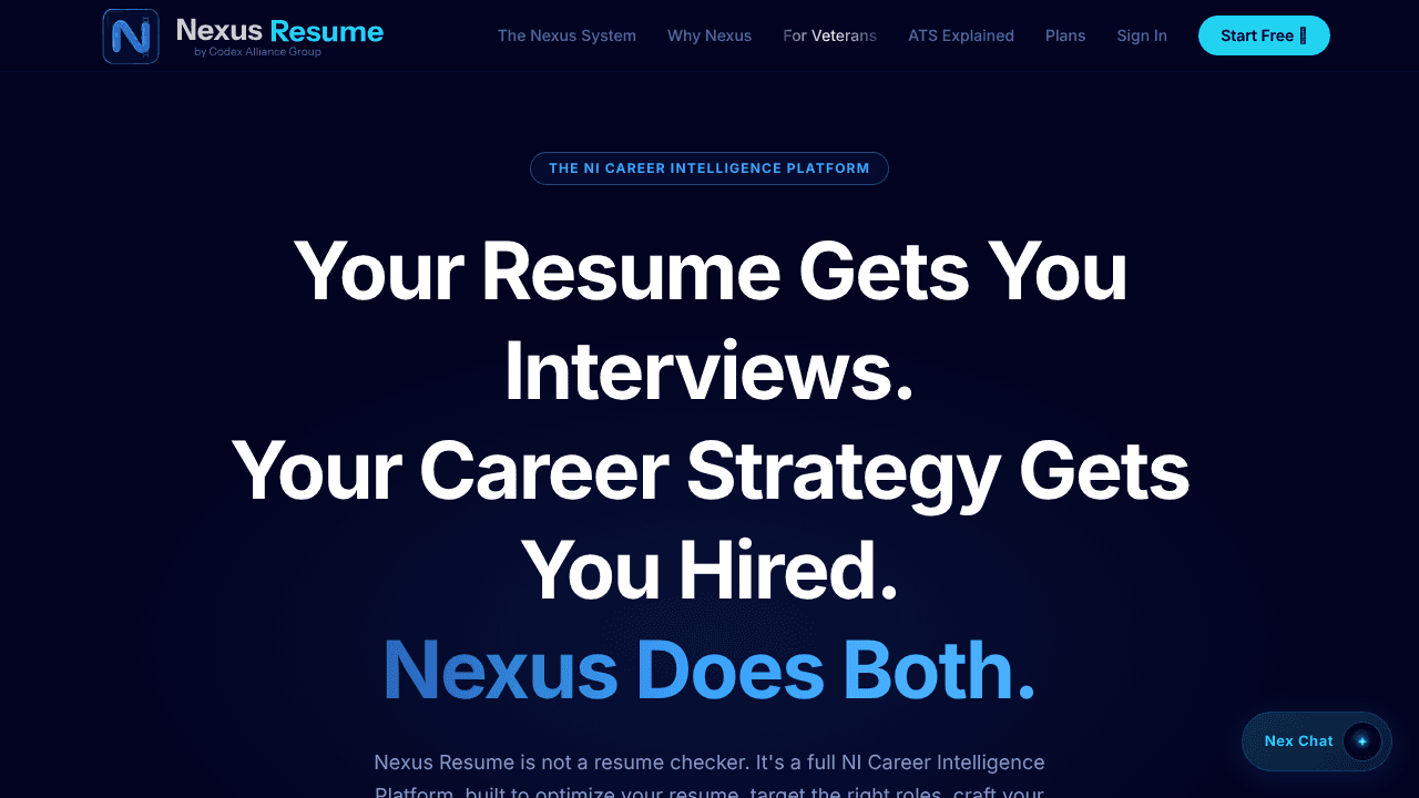 Nexus Resume website screenshot