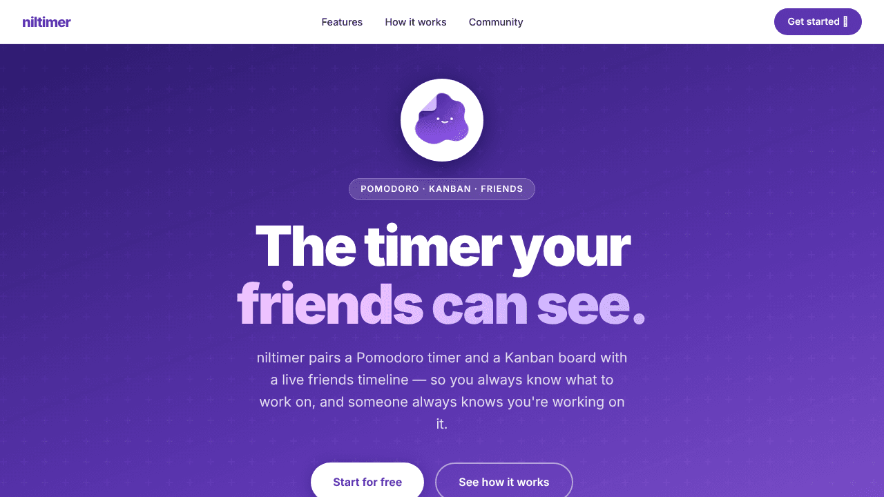 niltimer — Kanban· Pomodoro · Social website screenshot
