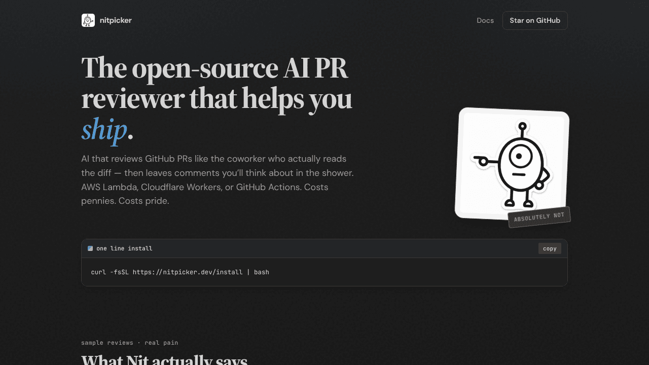 Nitpicker - AI code review that you own website screenshot