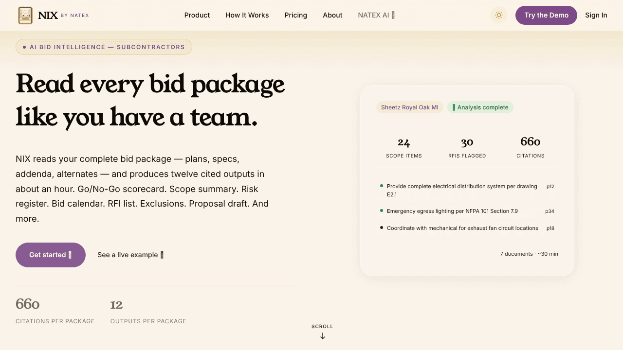 NIX, Bid Intelligence for Subcontractors website screenshot