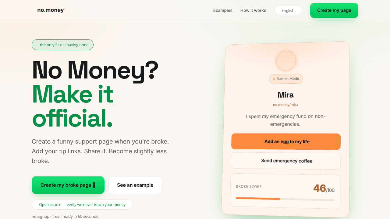 No Money website screenshot
