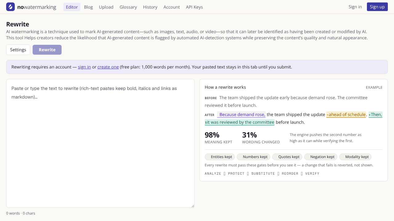 No Watermarking - remove AI watermark website screenshot