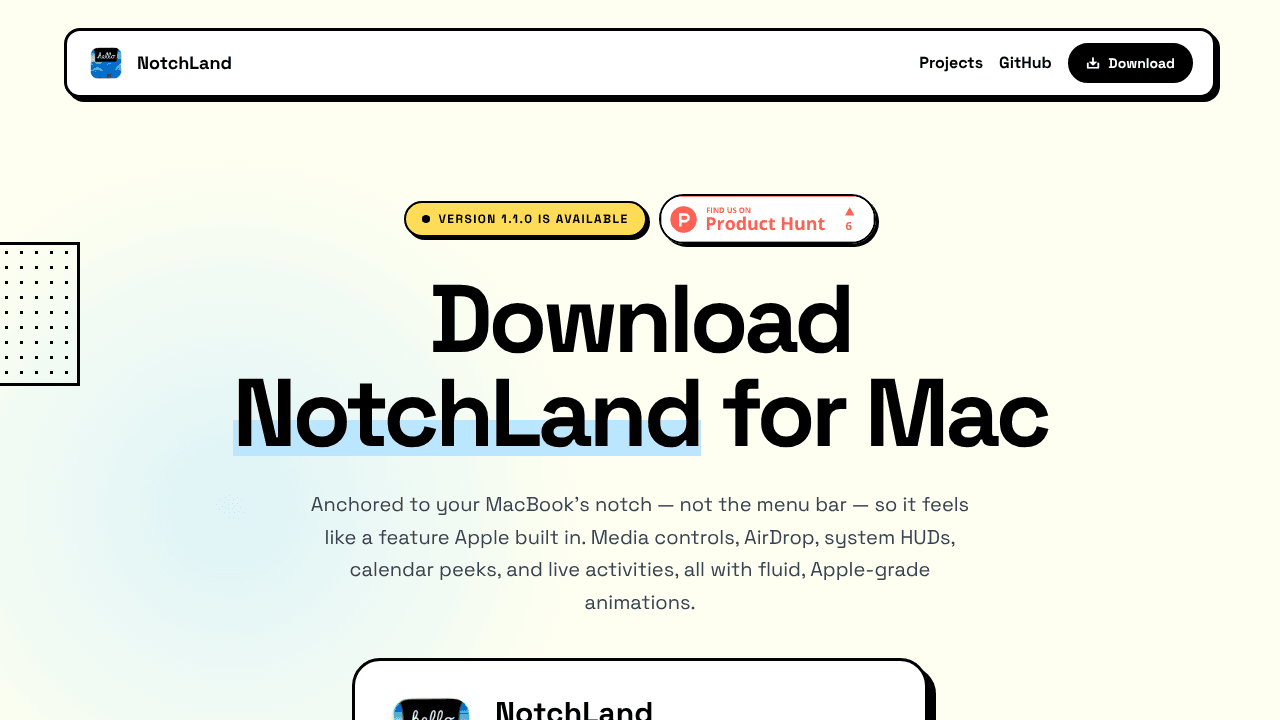 NotchLand website screenshot