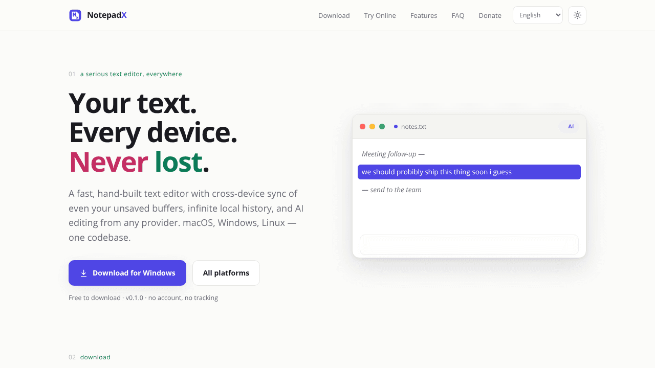 NotepadX website screenshot