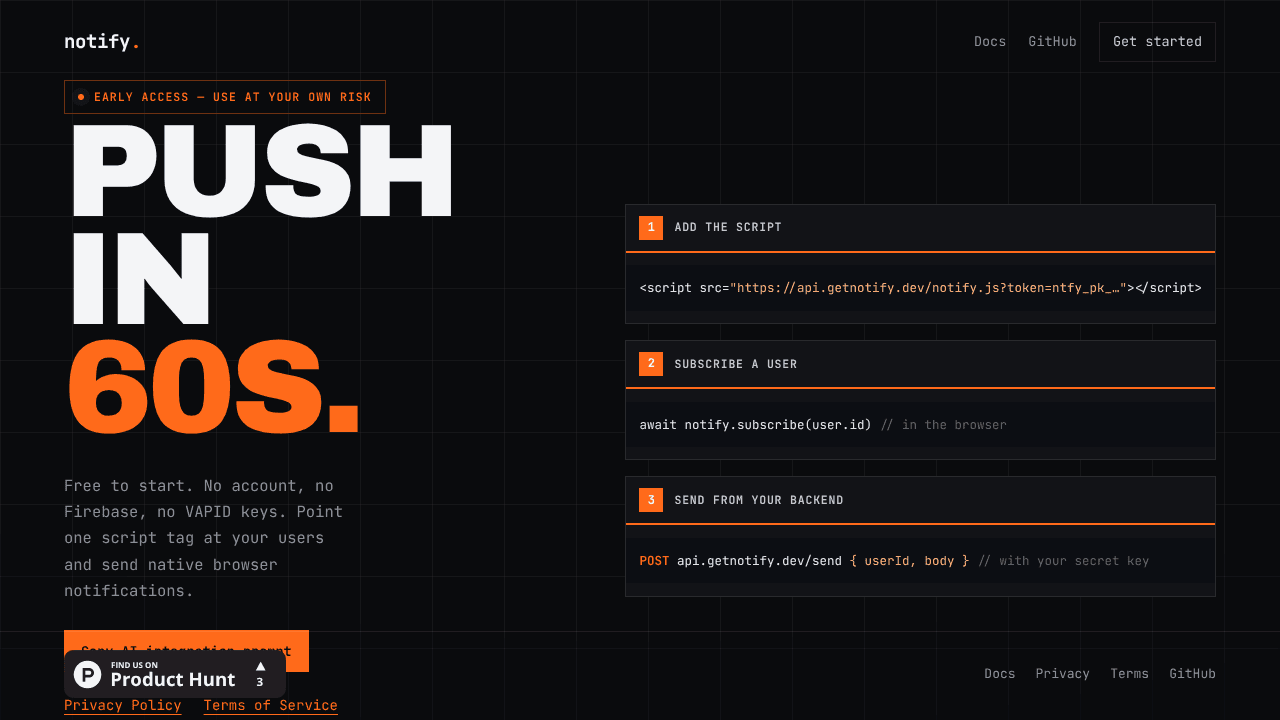 notify website screenshot