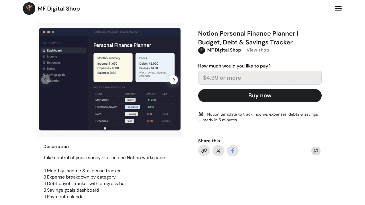 Notion Personal Finance Planner website screenshot