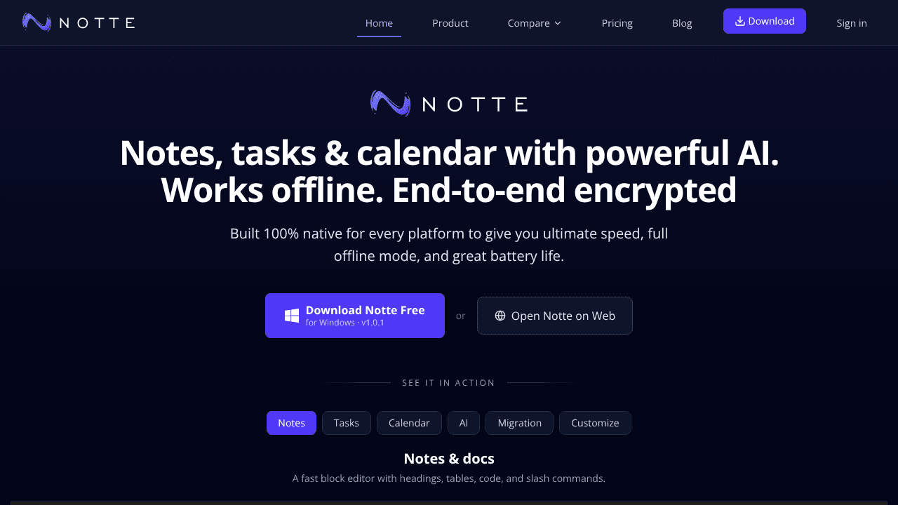 Notte - Privacy-first Workspace website screenshot