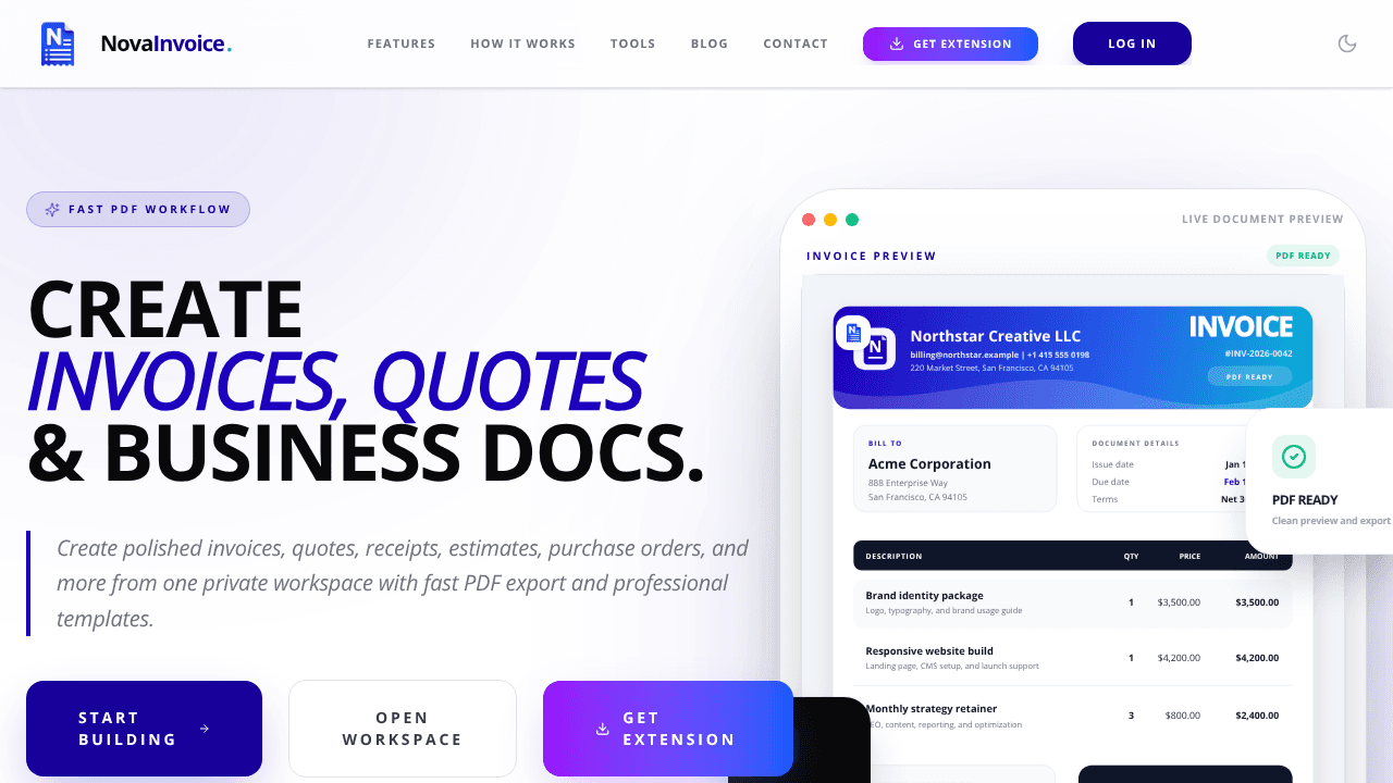 novainvoice website screenshot
