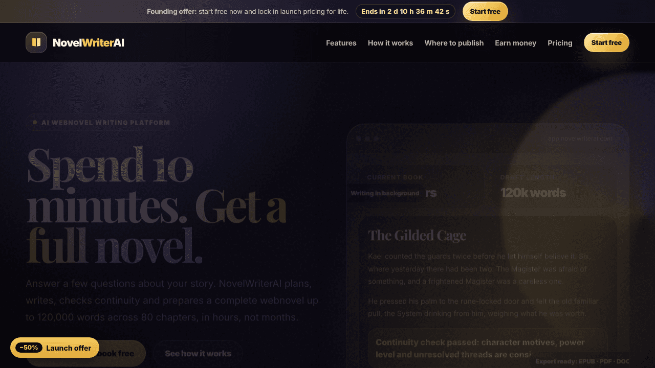 NovelWriterAI website screenshot