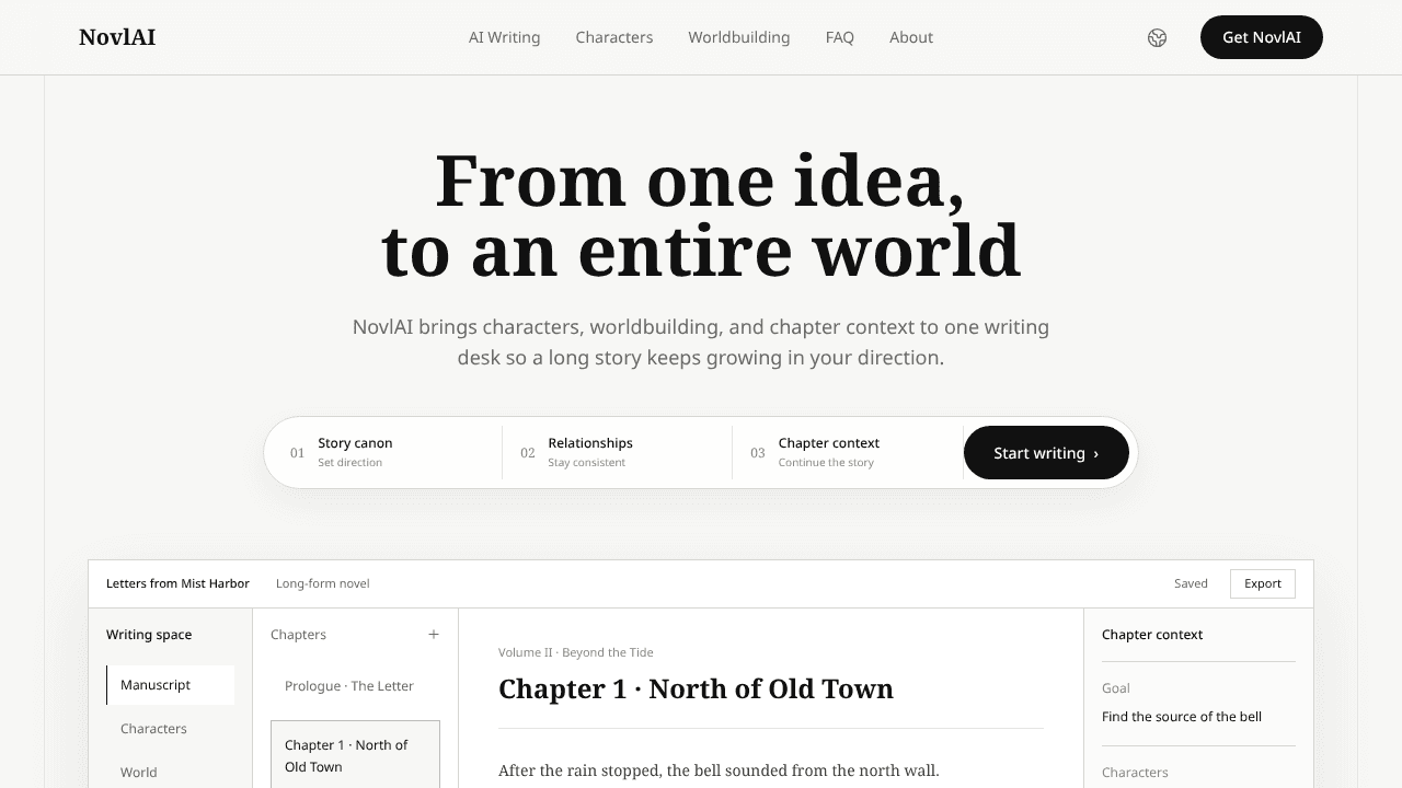 NovlAI: AI Novel Writer website screenshot