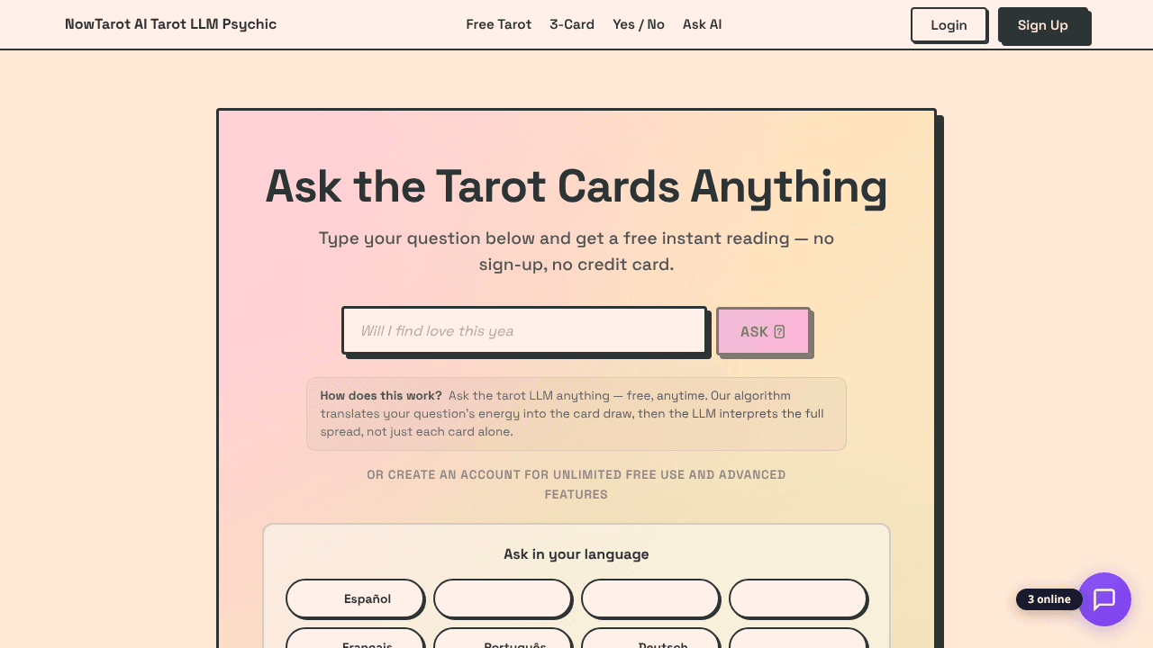 NowTarot: AI Tarot Chat LLM Reader. Free website screenshot