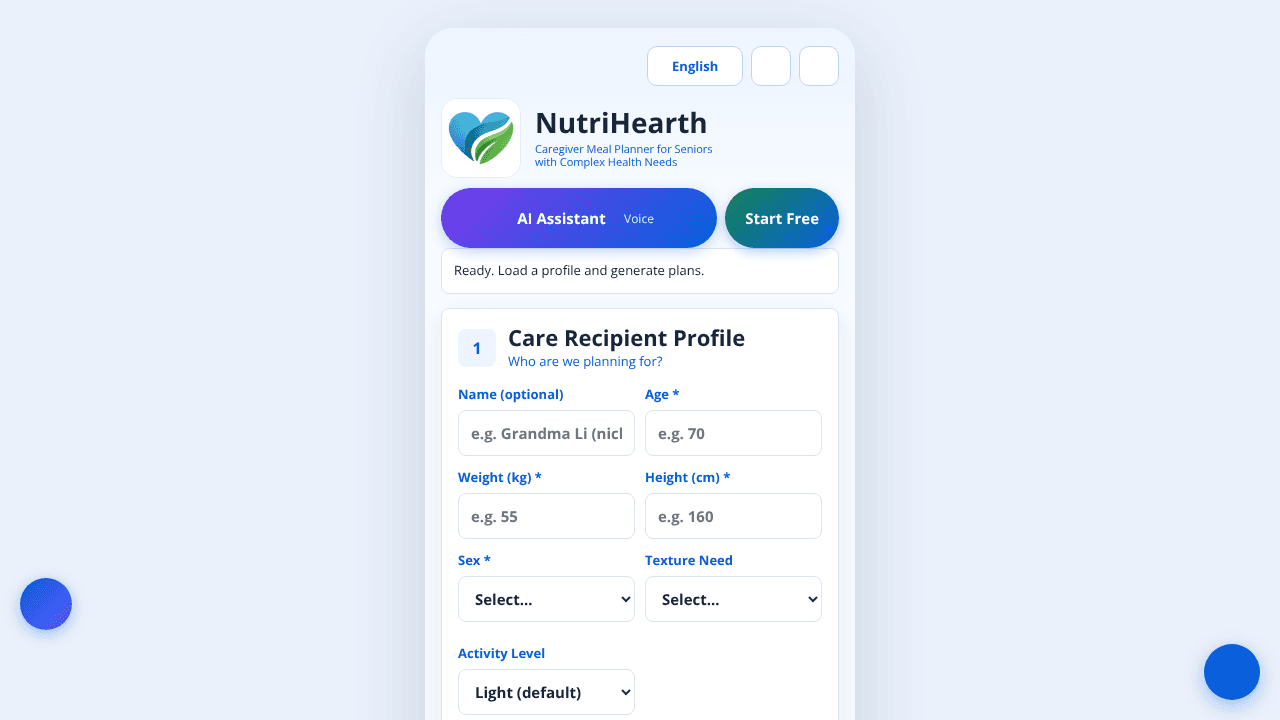 NutriHearth — Caregiver Meal Planner website screenshot