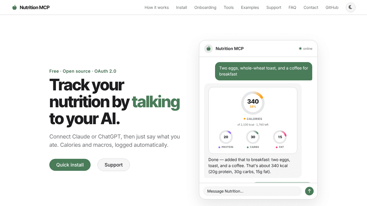 Nutrition MCP website screenshot