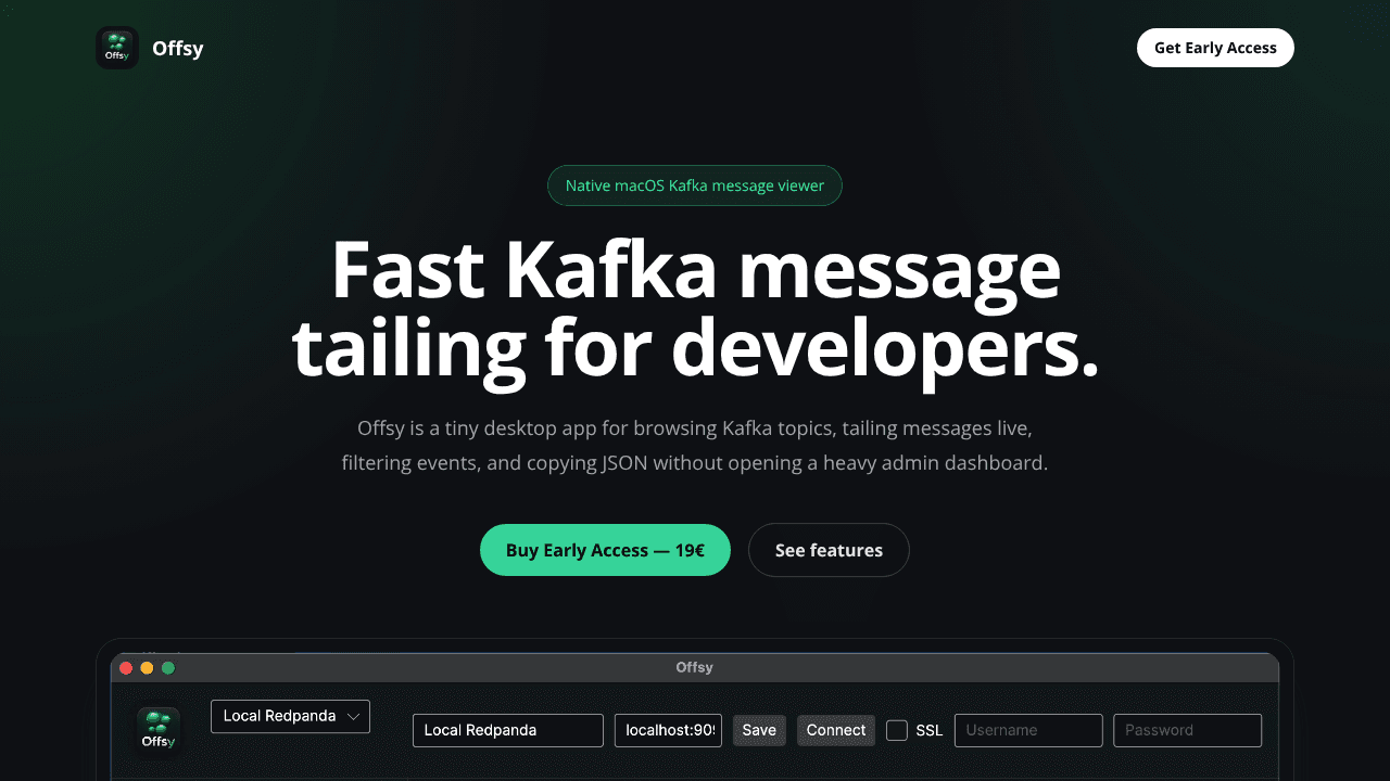 Offsy — Fast Kafka tailing for devs website screenshot