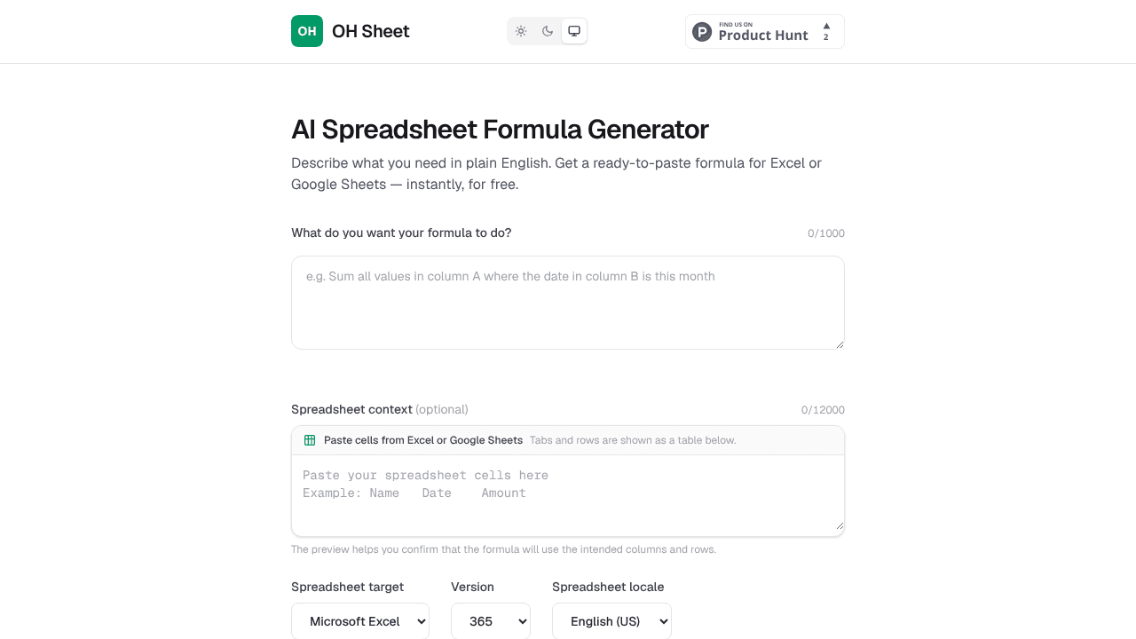 OH Sheet website screenshot