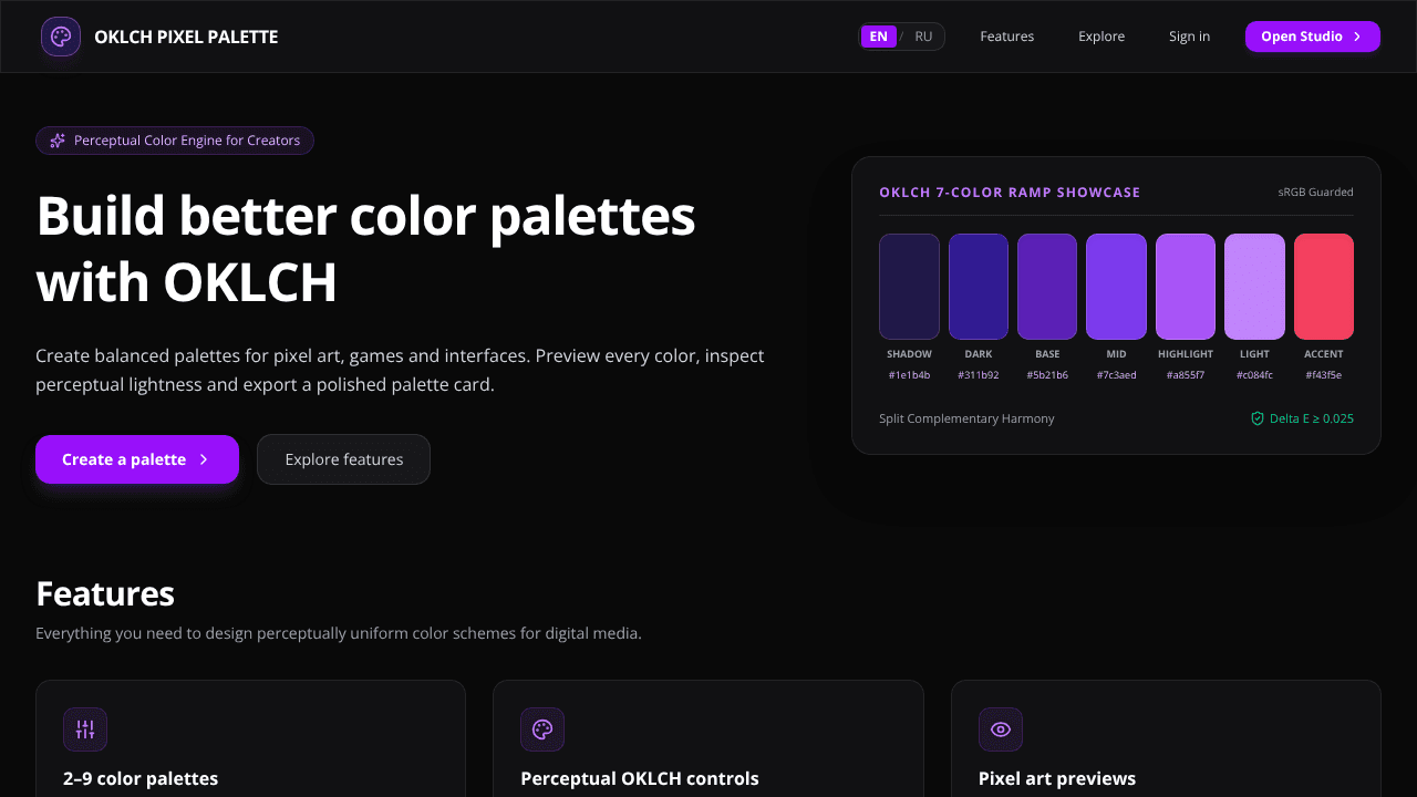 OKLCH Pixel Palette website screenshot