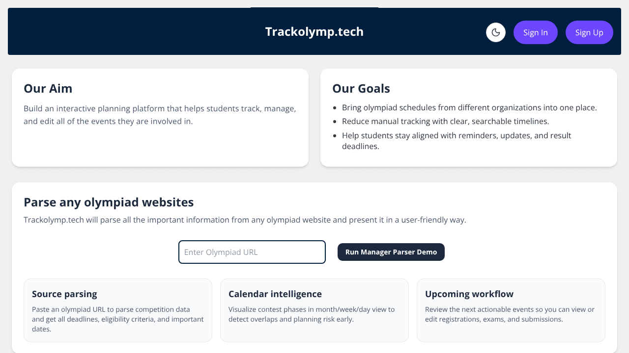 Olympiad Tracker website screenshot