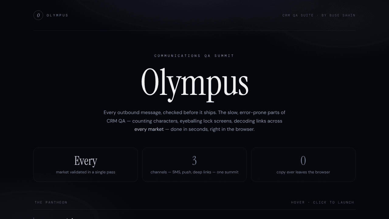 Olympus — CRM QA Suite website screenshot