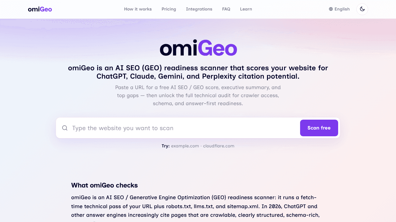 omiGeo — GEO Readiness Scanner website screenshot