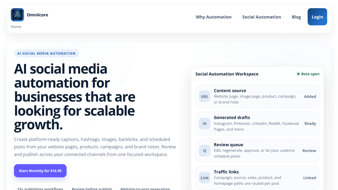 Omniicore Social Media Automation website screenshot