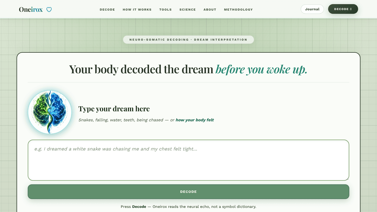 Oneirox Dream Decoder website screenshot