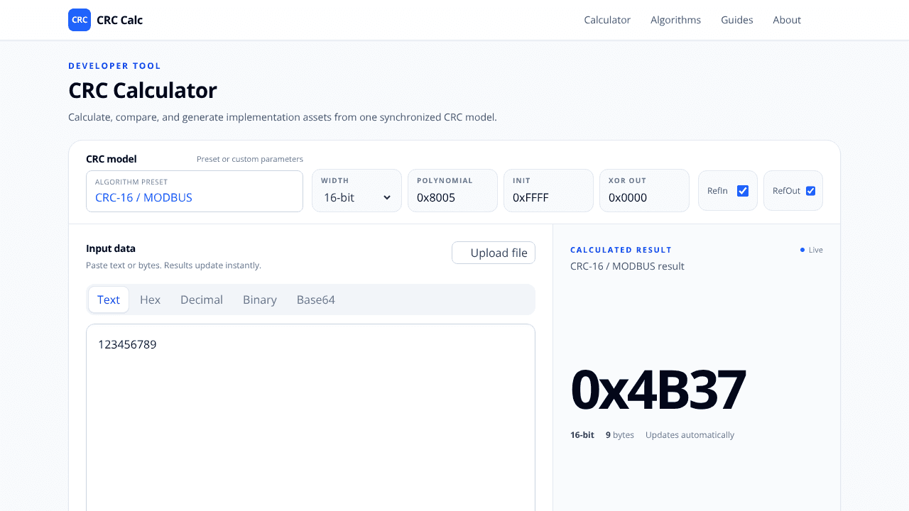 Online CRC Calculator & Table Generator website screenshot