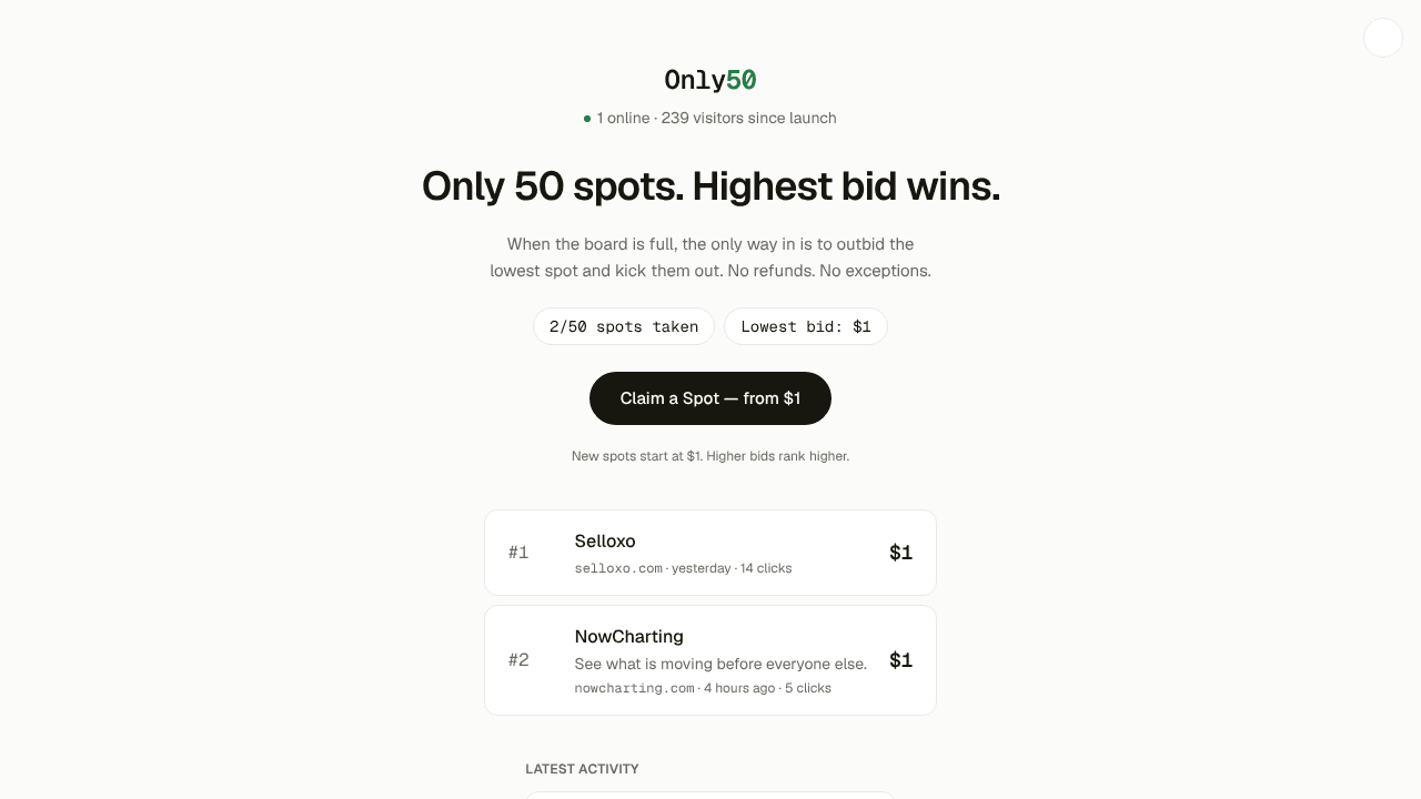 Only50 — 50 spots. Highest bid wins. website screenshot