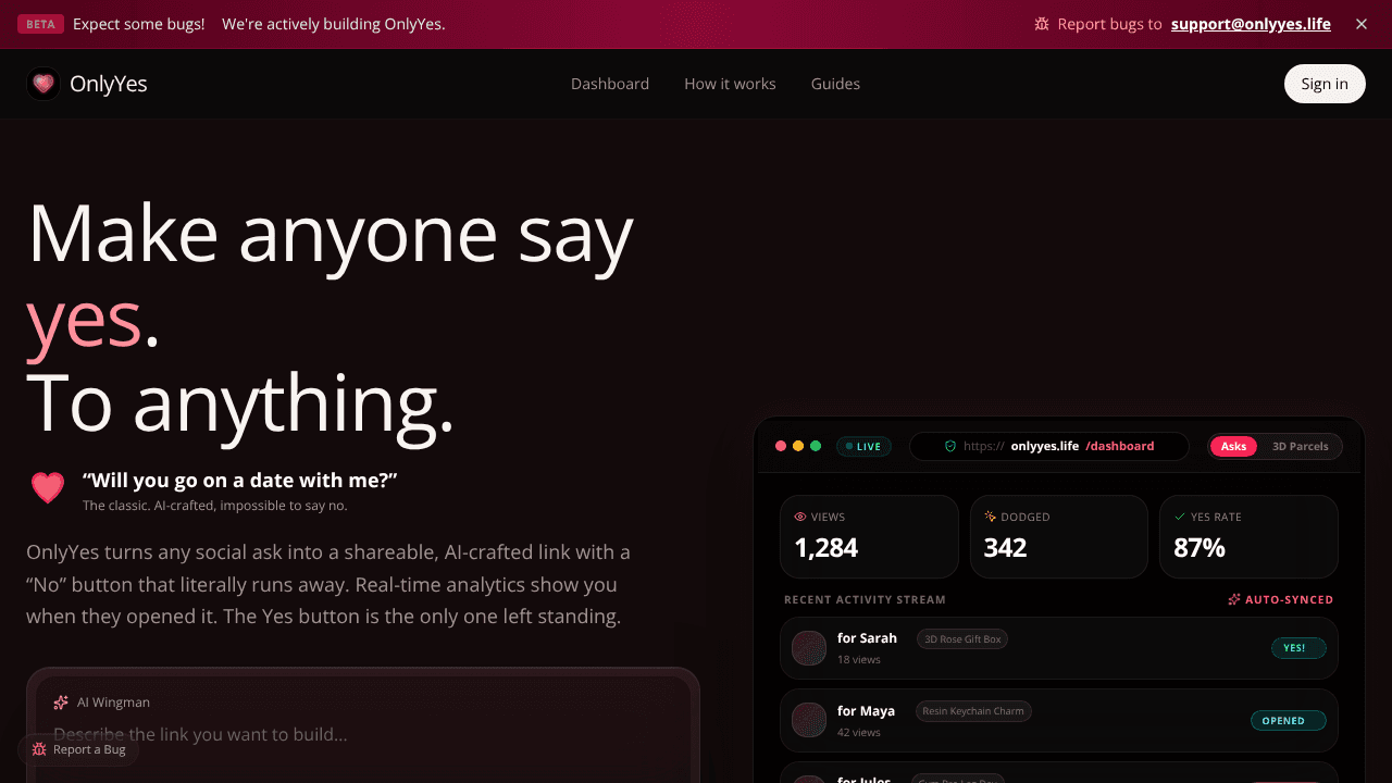 OnlyYes website screenshot