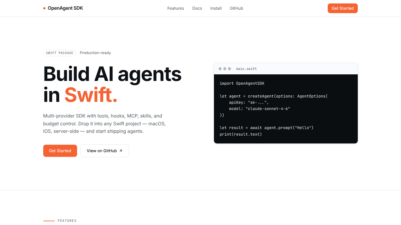 OpenAgent SDK for Swift website screenshot