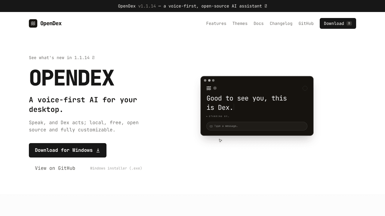 OpenDex – Open Source Voice AI website screenshot