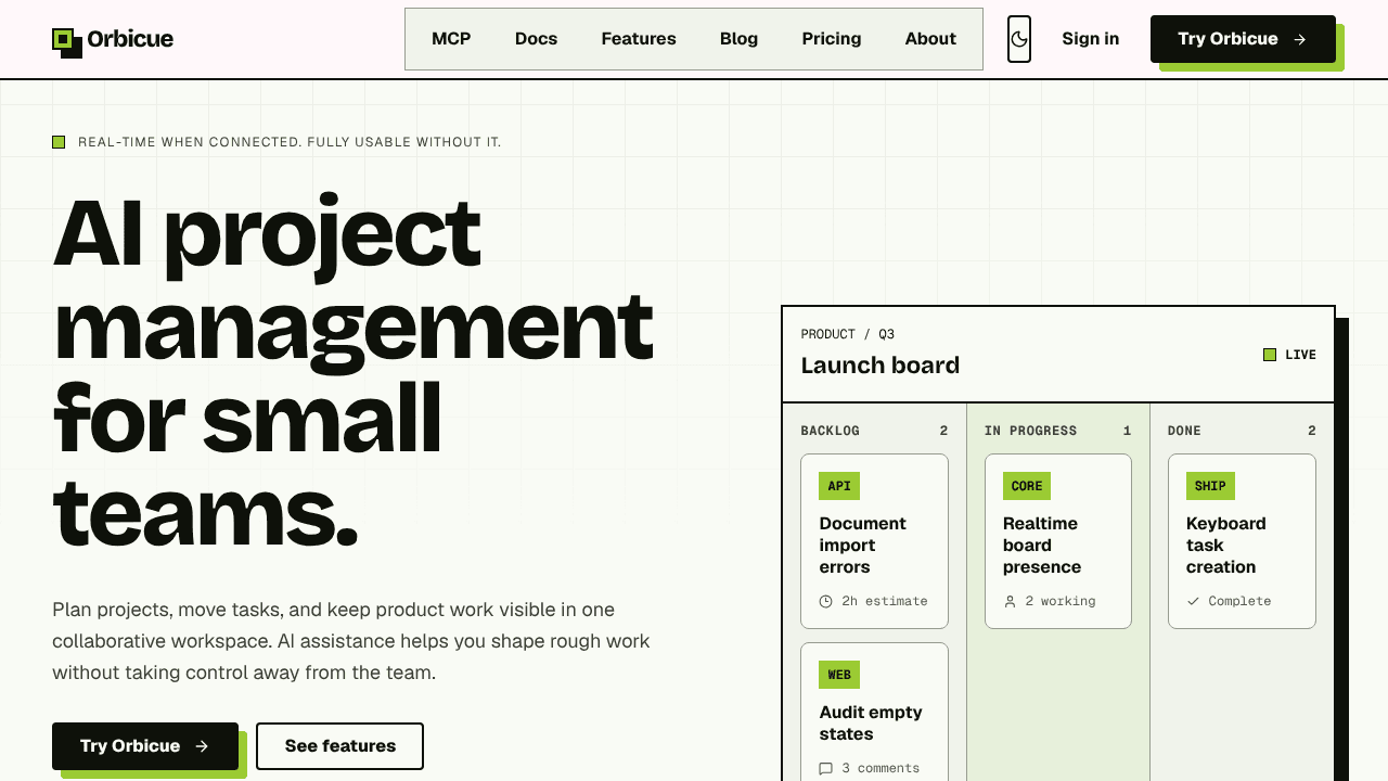 Orbicue, tasks that know your codebase website screenshot