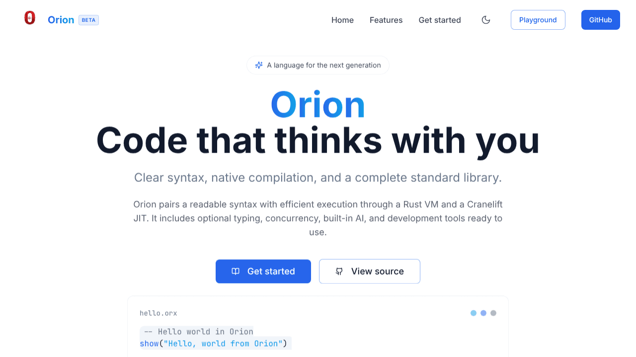 Orion Language website screenshot