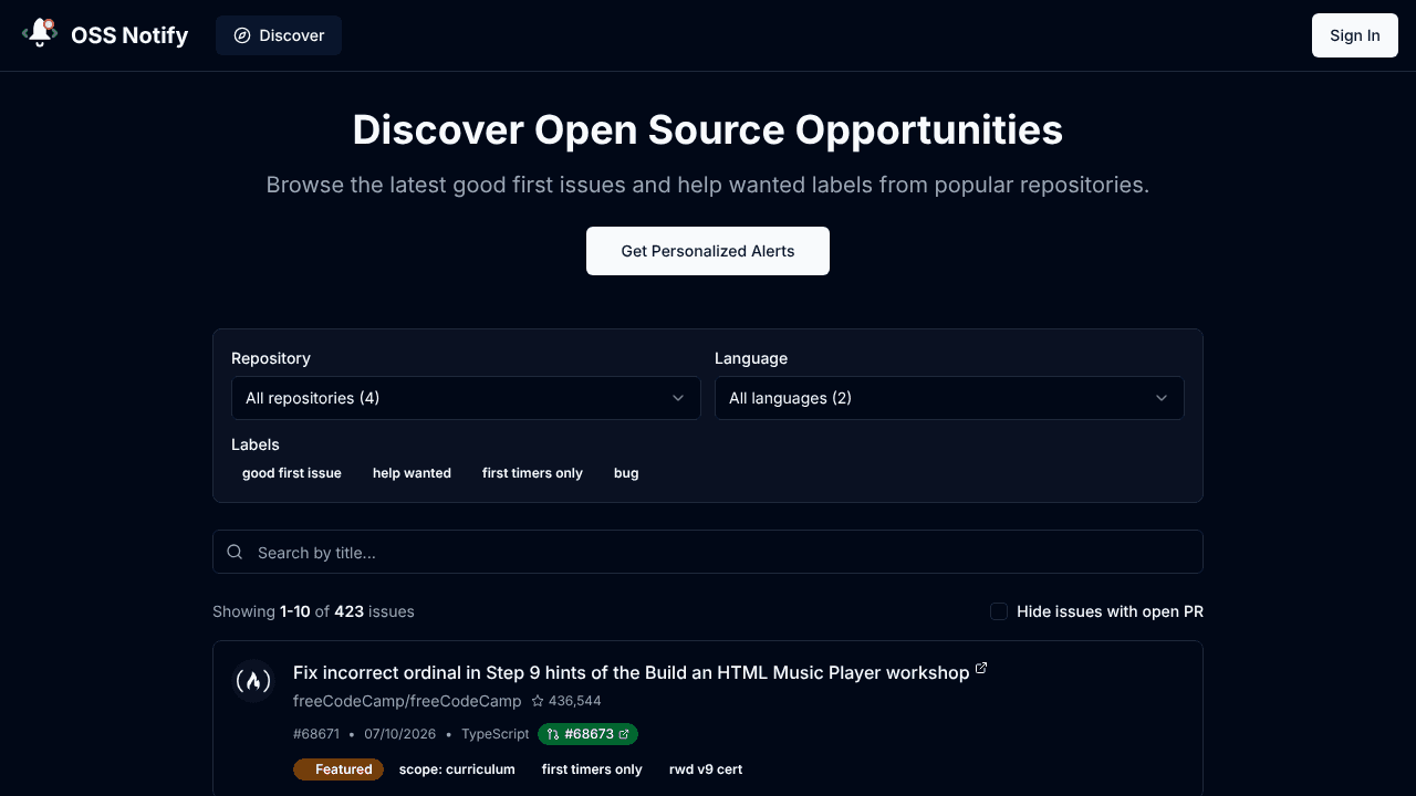 Oss Notify website screenshot