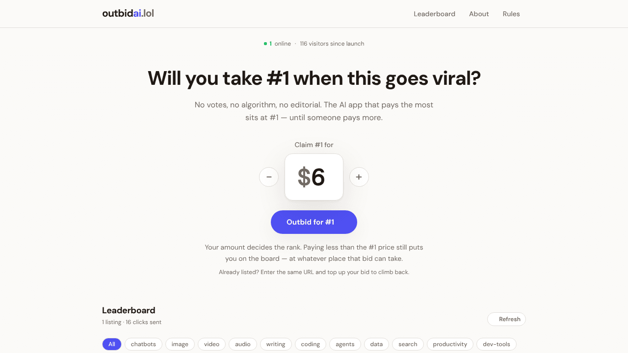 Outbid for AI Tools website screenshot
