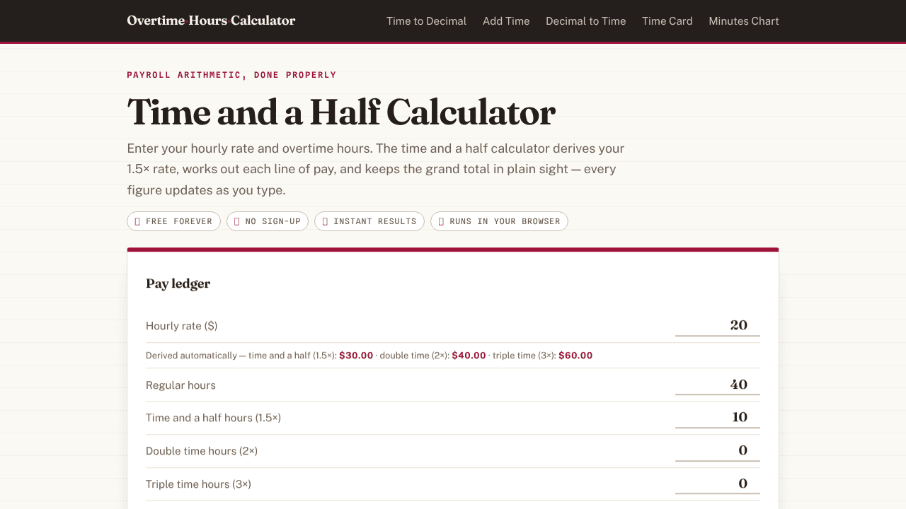Overtime Hours Calculator website screenshot