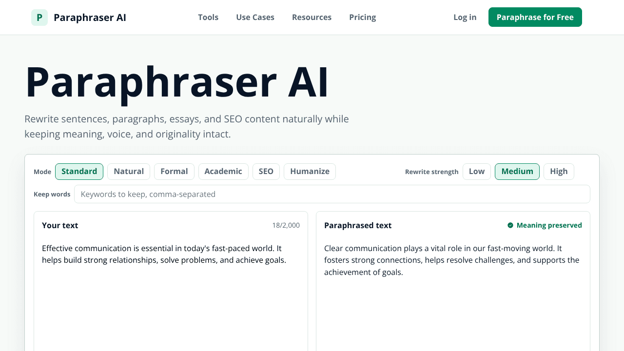 Paraphraser AI website screenshot