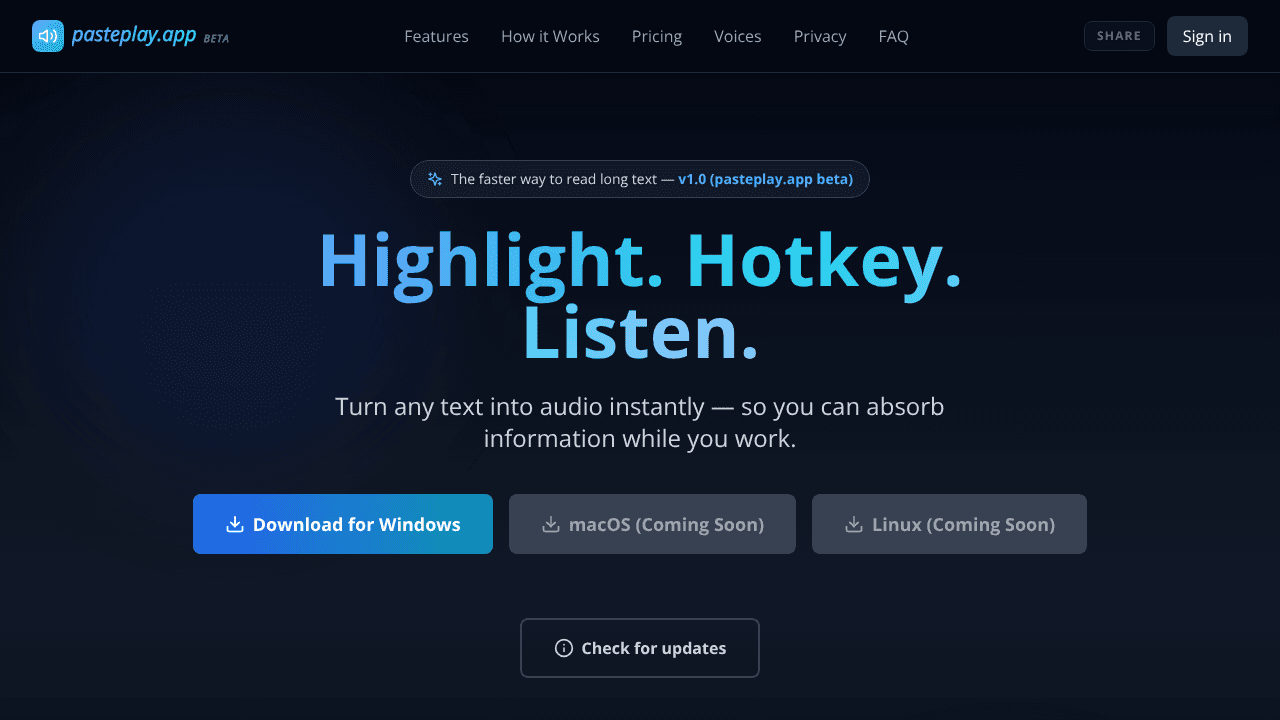PastePlay — Copy. Hotkey. Listen. TTS website screenshot