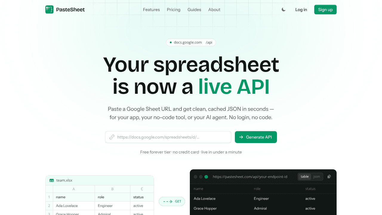 PasteSheet website screenshot