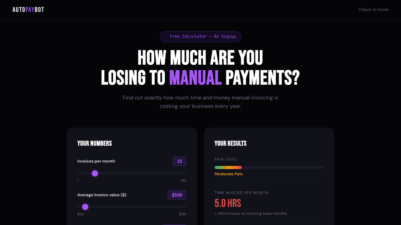 payment automation ROI calculator website screenshot