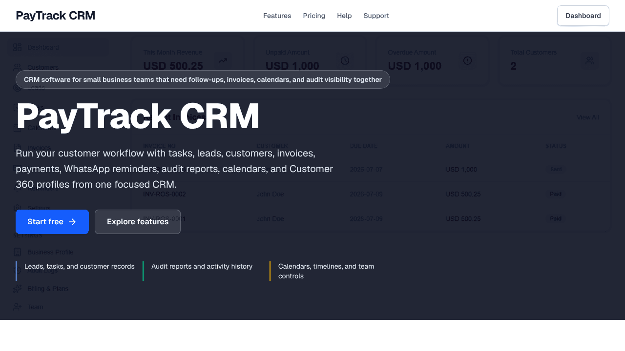 PayTrack CRM website screenshot