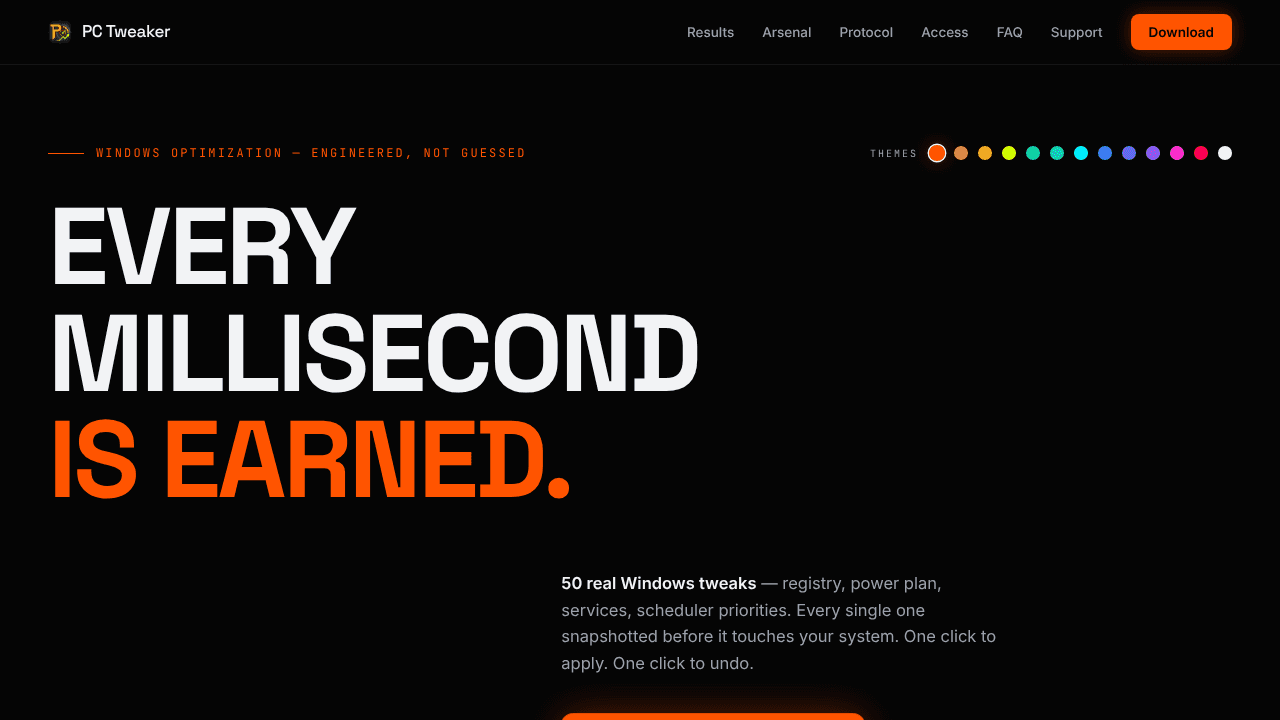 PC Tweaker — Every Millisecond Is Earned website screenshot