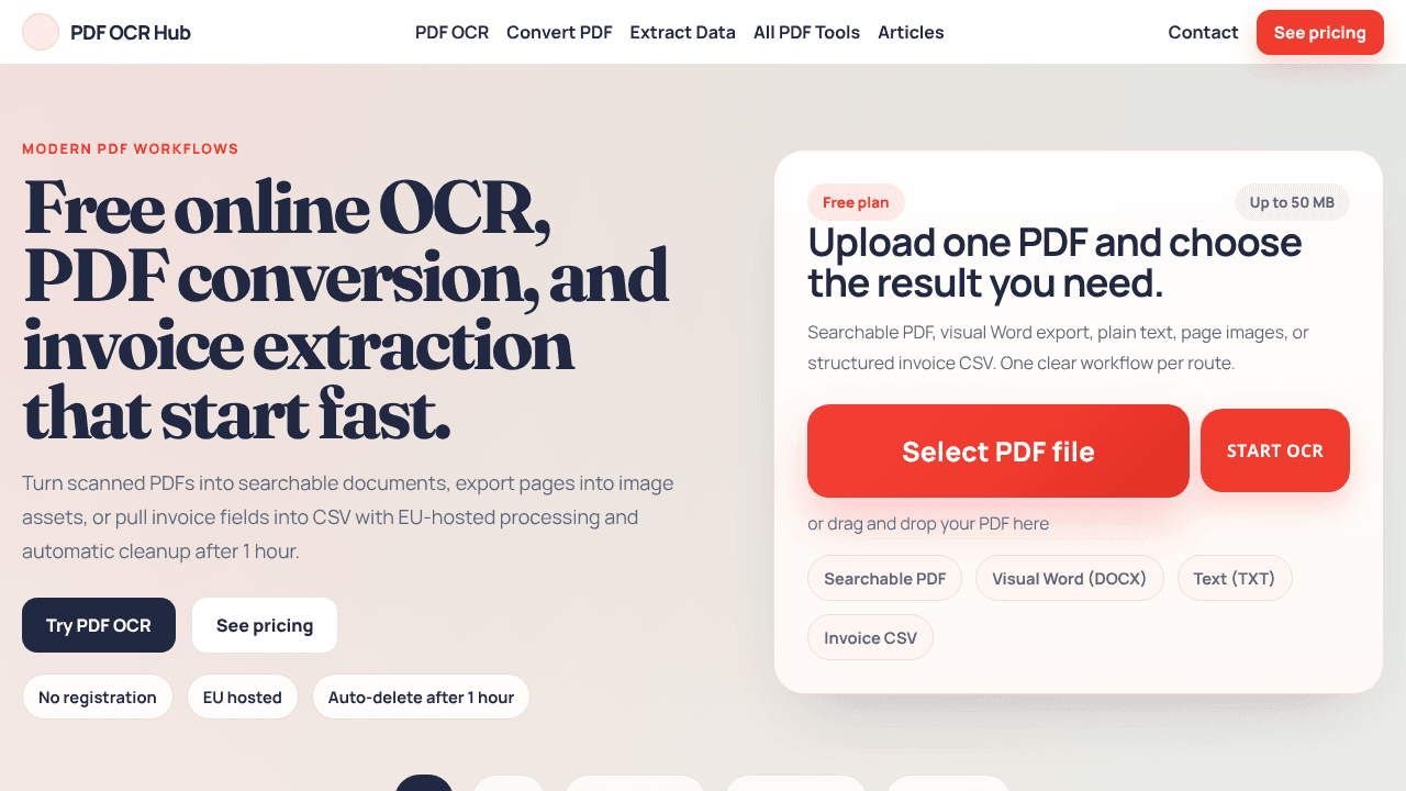 PDF OCR Hub website screenshot
